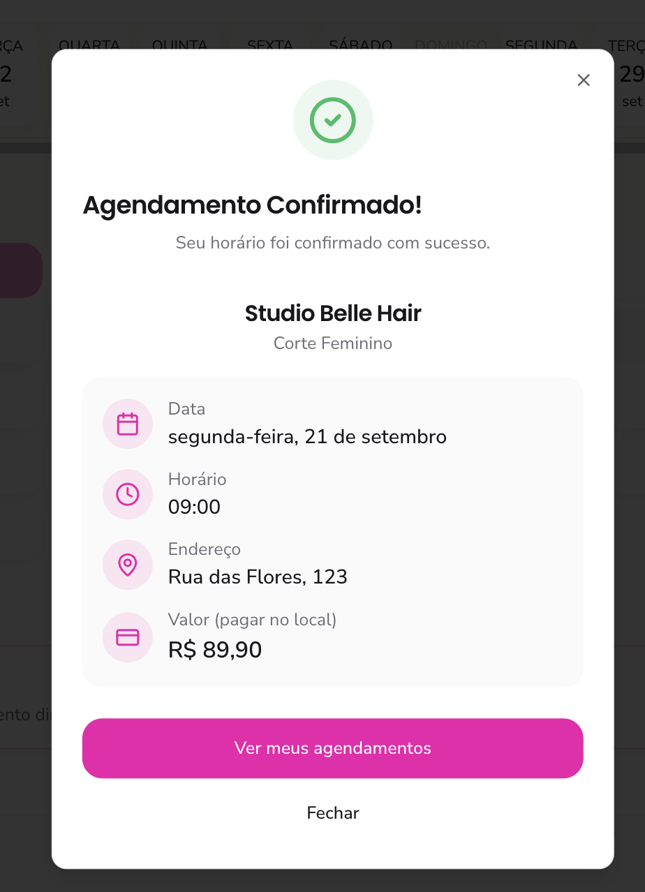 Confirmação de agendamento realizado no Belu com data, horário e endereço