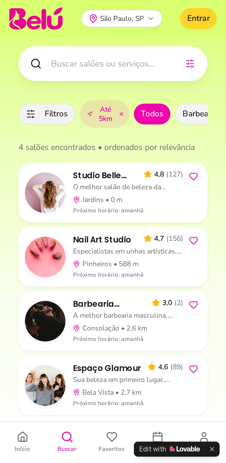 Resultados de salões e profissionais encontrados no Belu
